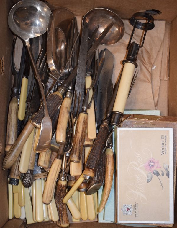 Quantity of antler and other handled carving knives, forks, steels etc Condition: