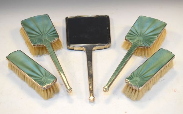 George V silver five piece engine turned pale green enamel decorated brush set, Birmingham 1933/34