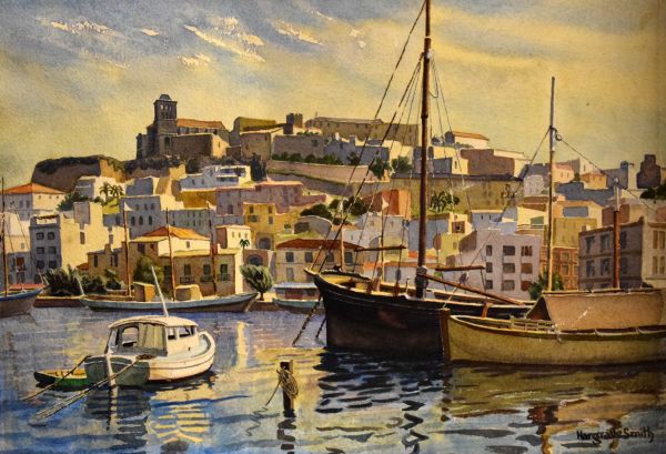 Hargrave-Smith - Watercolour - Mediterranean fishing port, within a carved mount Condition: