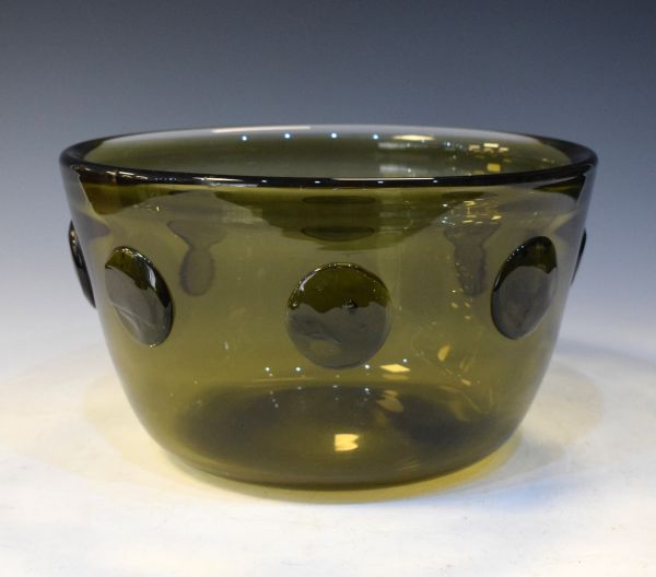 Severin Brorby for Hadeland large green glass bowl having applied prunts, the base with etched