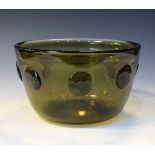 Severin Brorby for Hadeland large green glass bowl having applied prunts, the base with etched