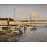 Deryck Foster (1924-2012) - Oil on board - Coastal view with boats at a jetty, 37cm x 42.5cm,