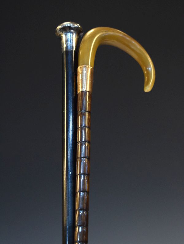 Silver top ebonised cane, and a horn top cane with gold coloured metal band Condition: