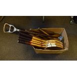 Quantity of mid and early 20th Century outer games equipment including; tennis racquets, golf clubs,