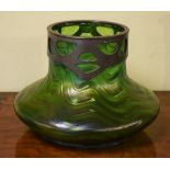 Late 19th Century Bohemian green iridescent glass squat shaped vase having moulded wrythened