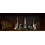 Quantity of late 20th Century cast pewter decorative vases, candlesticks and a leather bound