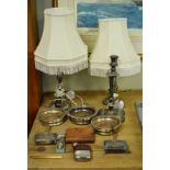 Three wine coasters, silver plated candlestick converted to table lamps and a small quantity of