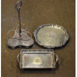 19th Century silver plated trefoil shaped decanter stand, an engraved silver plated salver and a