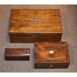 Victorian figured walnut writing box together with two other boxes Condition: