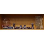 Art Deco design blue flash glass dressing table set and three other pieces of glassware Condition: