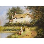 Les Parson - Oil on canvas - Rural landscape with thatched cottage and children fishing at a