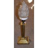 Brass Corinthian column table lamp having a frosted glass 'flame' shade Condition: