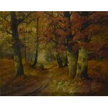 M. Bandouch - Oil on canvas - Wooded landscape with figure gathering flowers, signed, framed