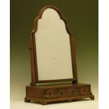 Georgian style crossbanded figured walnut dressing table mirror, the box base fitted three drawers