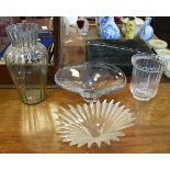 Freeform clear studio glass bowl and three other pieces of glassware Condition: