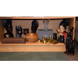 Quantity of carved wooden ornaments, glass vase, brass items etc Condition: