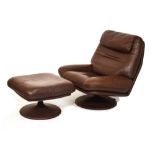 Modern Design - De Sede dark brown leather swivel easy armchair and matching footstool, the circular