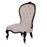 Victorian lady's carved walnut framed balloon back drawing room chair upholstered in shaded mushroom