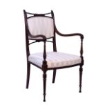 Early 20th Century Regency style mahogany open arm occasional chair having reeded arms,
