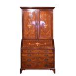 George III inlaid mahogany two section bureau bookcase, the upper section with moulded cornice,