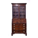 Georgian style mahogany bureau bookcase, the upper section fitted moulded cornice, three shelves