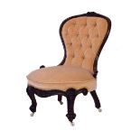 Victorian lady's carved walnut framed balloon back drawing room chair upholstered in gold dralon and