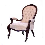 Victorian gentleman's carved walnut framed balloon back open arm drawing room chair upholstered in