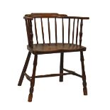 Primitive early 19th Century ash, elm and beech low back Windsor elbow chair standing on turned