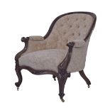 Victorian walnut framed spoon back scroll arm drawing room chair upholstered in mushroom sculpted