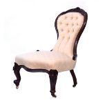 Victorian lady's carved walnut framed balloon back drawing room chair upholstered in mushroom fabric