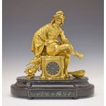19th Century French gilt spelter figural cased mantel clock, the square case surmounted with a
