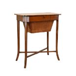19th Century rosewood crossbanded satinwood work table, the hinged cover opening to reveal a well,