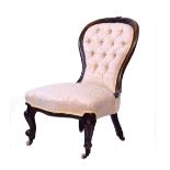 Victorian lady's walnut framed balloon back drawing room chair upholstered in mushroom fabric and