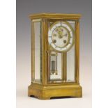 Brass cased four glass mantel clock, the white enamel dial with Roman numerals and visible