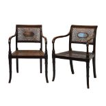 Pair of Regency style open arm elbow chairs, each having a split cane seat and back panel and