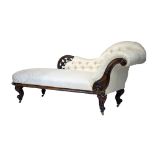 Victorian carved walnut framed scroll end chaise longue upholstered in floral patterned mushroom