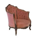 19th Century carved walnut framed tub shaped drawing room chair, upholstered in pink deep buttoned