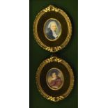 Pair of oval portrait miniatures - Gentlemen in period costume, each in a decorative gilt metal