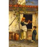 Late 19th Century Italian School - Oil on board - Village scene with mother and child drawing