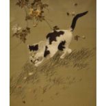 Late 19th/early 20th Century Japanese embroidered picture depicting a cat catching a bird, framed