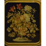 Victorian needlepoint panel - Still-life of flowers against a black ground, within a rectangular