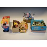 Toys - Mechanical knight on a horse, flash camera bear and a mechanical sandwich man, all boxed