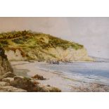 Frederick Parr - Watercolour - A coastal view with fishing boats on a beach, signed, framed and