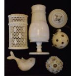 19th Century Indian carved and turned ivory pepperette, Chinese puzzle ball, cylindrical container