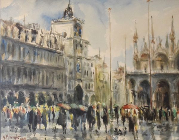 Antonio Missinato - Watercolour - A Venetian street scene, signed and dated 1964, framed and