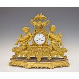 19th Century French gilt spelter figural cased mantel clock, surmounted with an urn with two birds