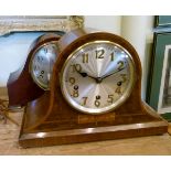 Inlaid walnut cased mantel clock, the silvered dial with Arabic numerals together with a some-what