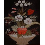 Embroidered silk panel - Still-life of a bowl of flowers, framed and glazed Condition: