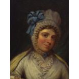 Manner of John Hoppner - Oil on board - Portrait of a lady wearing a lace trimmed cap, in a