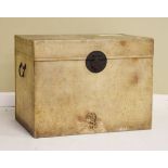 Vintage velum bound Oriental trunk having hinged cover and metal clasp with loop carry handle to